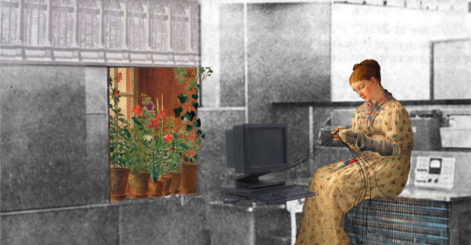 A surrealist collage depicting a woman in historical attire seated at a computer in a modern lab setting, surrounded by other students.